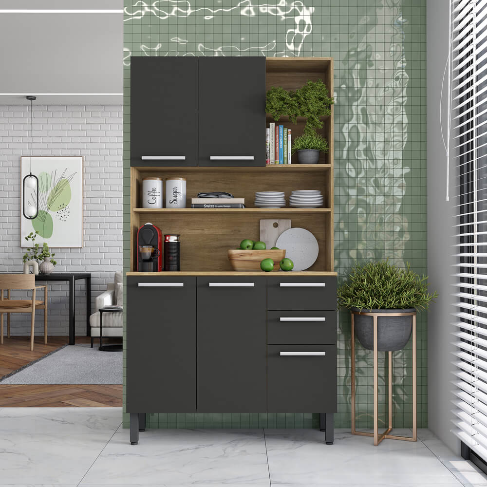 Alacena Despensa De 105 Cm Con Mesón En Mdp Negro-Roble