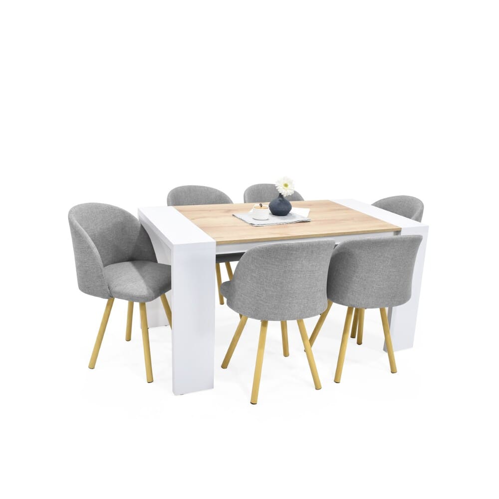 Juego de Comedor 6 Puestos Chicago Blanco Duna con Silla Sevilla en Tela