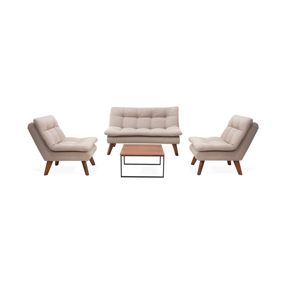 Set De Sala Toulouse Con 2 Poltronas Y Mesa Centro Tela Beige