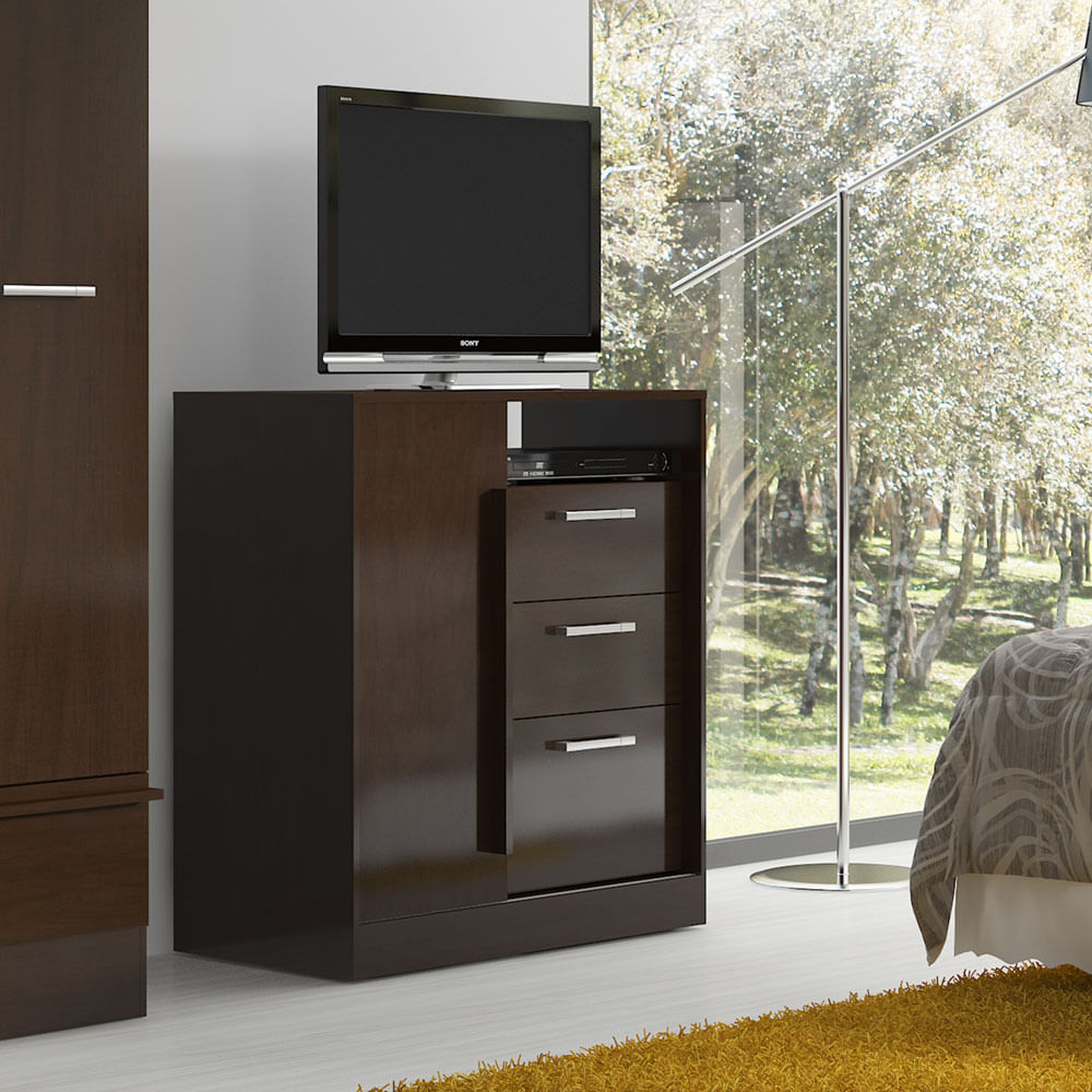 Comoda Cajonera 80 Cm En Mdp 3 Cajones 1 Puerta Chocolate