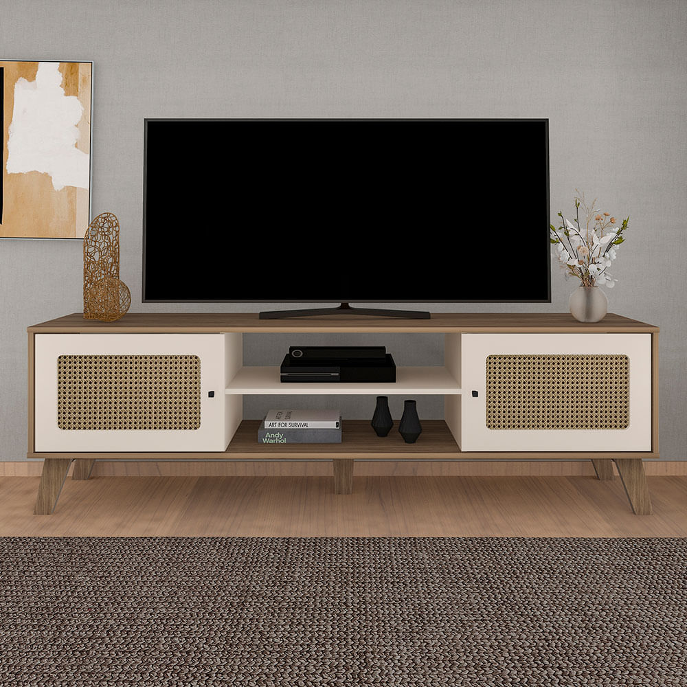 Mueble Tv 75" En Mdp Incluye Soporte Charlotte Roble Con Blanco