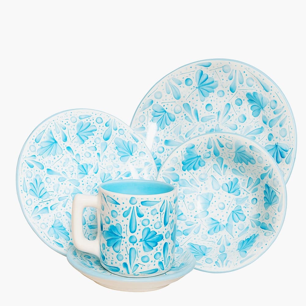 Juego De Ceramica Artesanal Trebol Azul Celeste