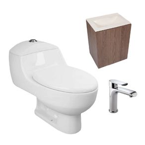 combo sanitario one piece capri blanco mueble rimi coñac y griferia edge